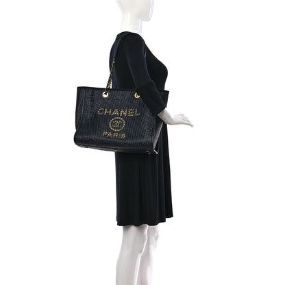 Chanel Straw Raffia Calfskin Chain Small Deauville Tote Black 2 of 13