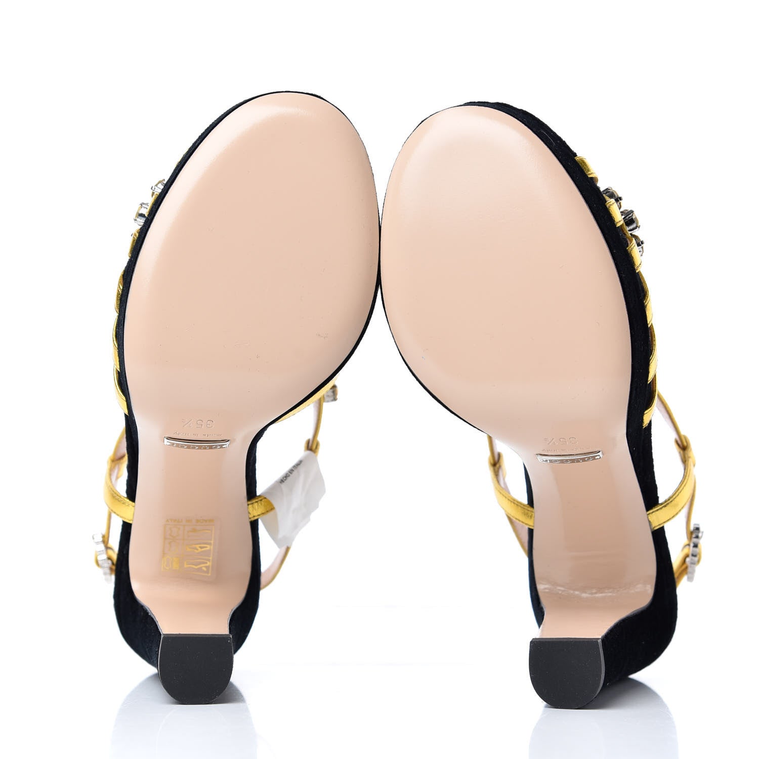 Gucci Velvet Nappa Crystal Zephyra Slingback Platform High Heel Sandals 35.5 Black Gold 6 of 10