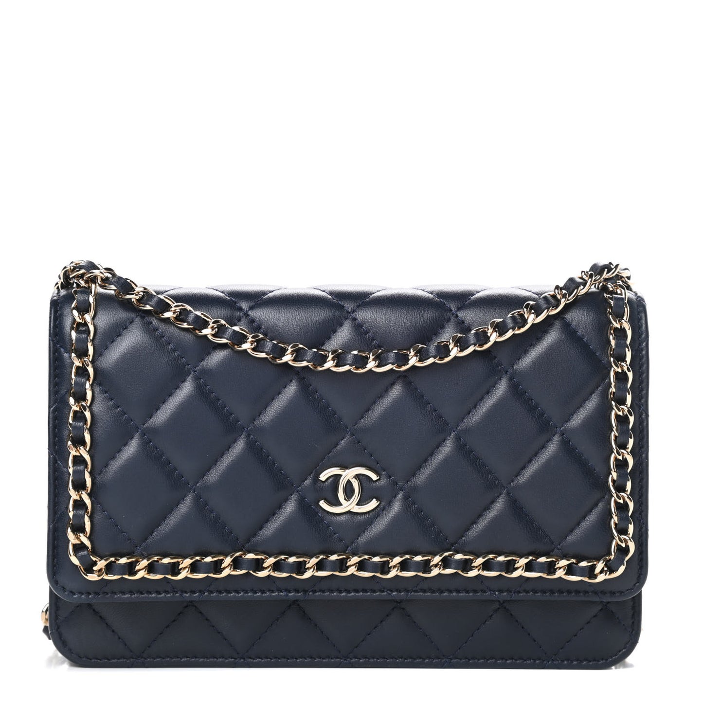 Lambskin Quilted Chain Around Wallet On Chain WOC Navy Blue