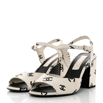 Chanel Lambskin Printed Coco Beach Sandals 40 White Black 3 of 9
