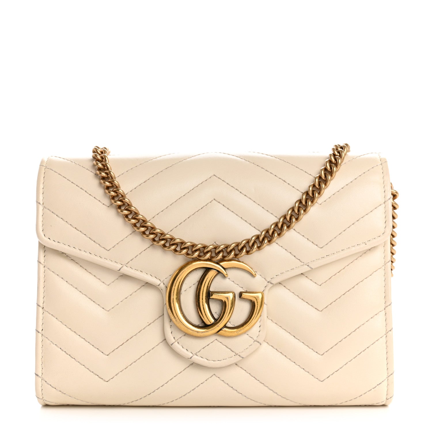 Gucci Calfskin Matelasse Mini GG Marmont Chain Wallet Mystic White 1 of 12