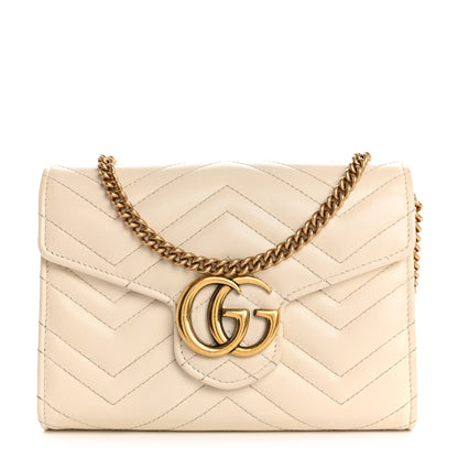 Gucci Calfskin Matelasse Mini GG Marmont Chain Wallet Mystic White 1 of 12