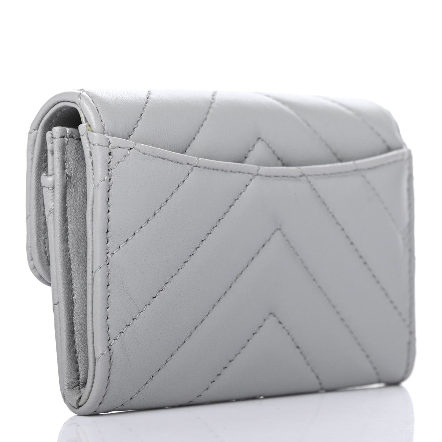 Lambskin Chevron Quilted Flap Card Holder Grey