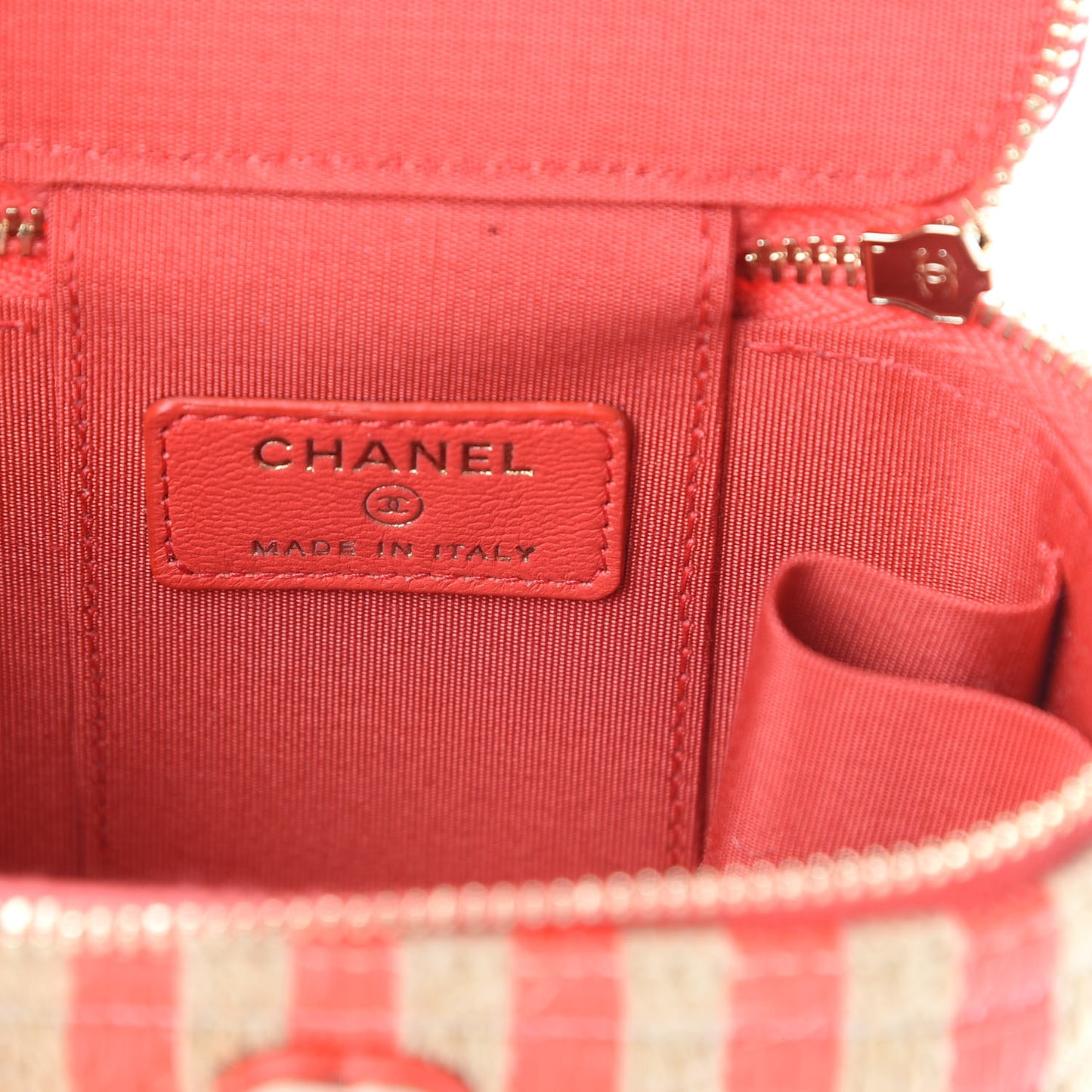 Raffia Jute Striped Mini Vanity Case With Chain Red Beige