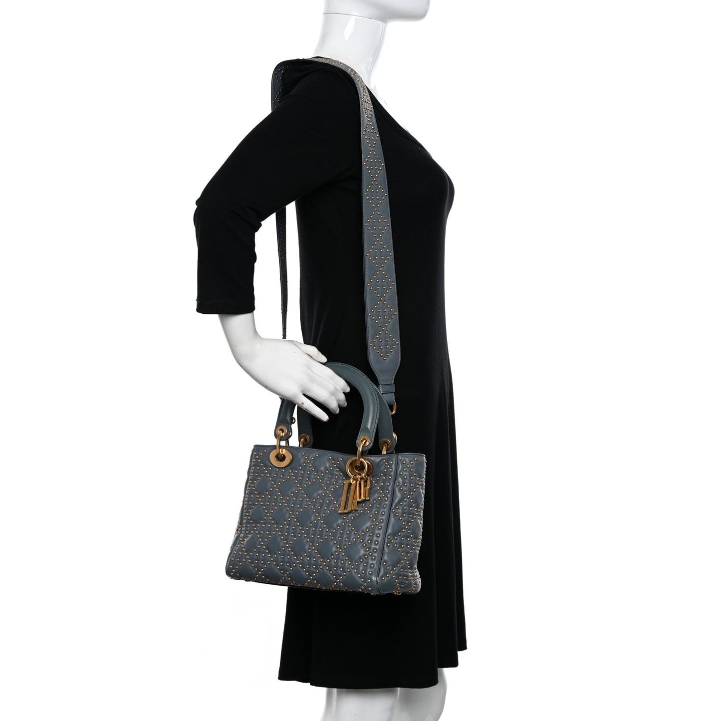 Calfskin Cannage Studded Medium Supple Lady Dior Grey