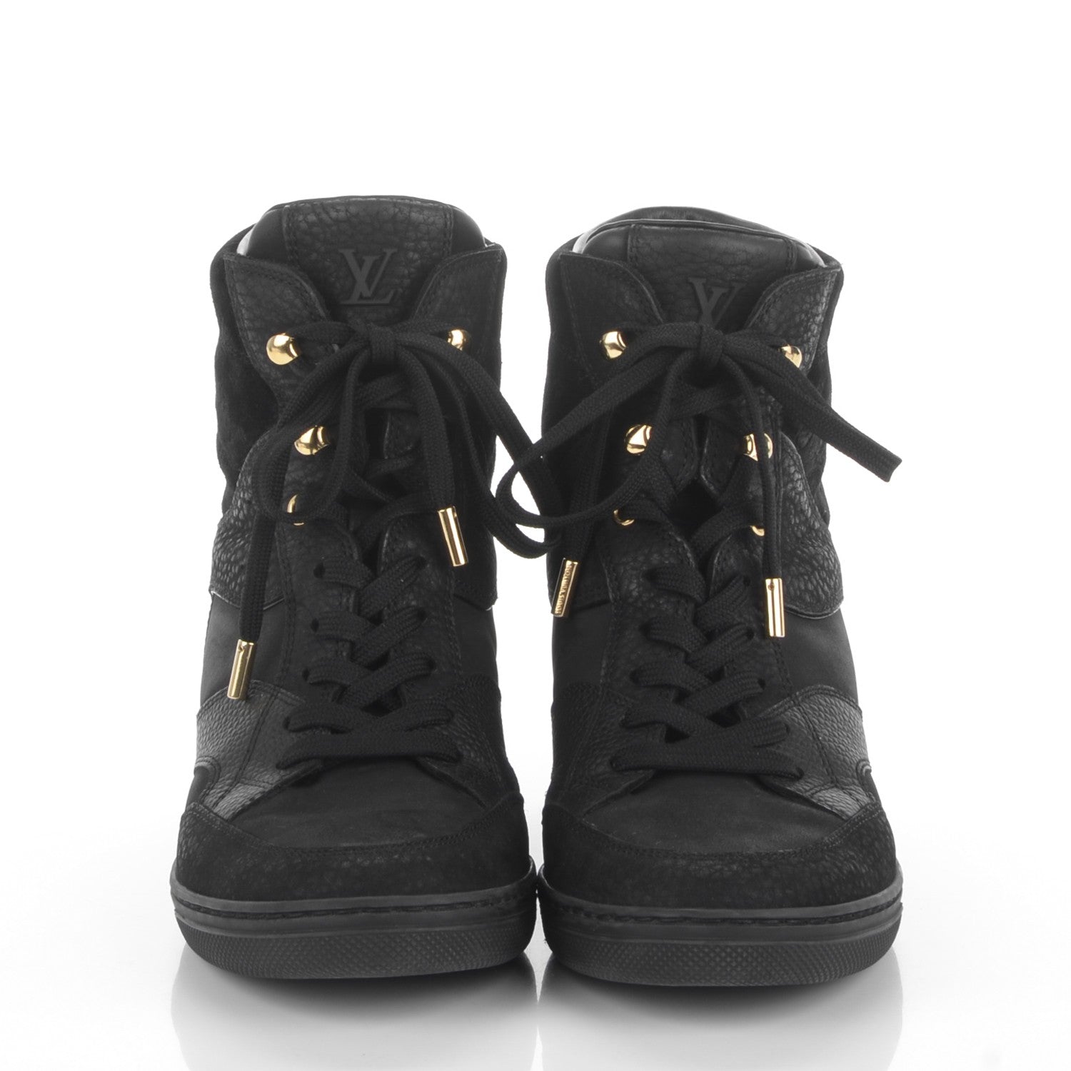 Louis Vuitton Calfskin Suede Monogram Cliff Top Wedge Sneakers 38.5 Black 2 of 6