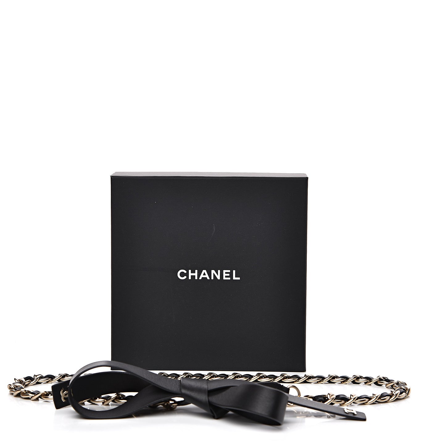 Calfskin Chain CC Bow Belt Black Gold