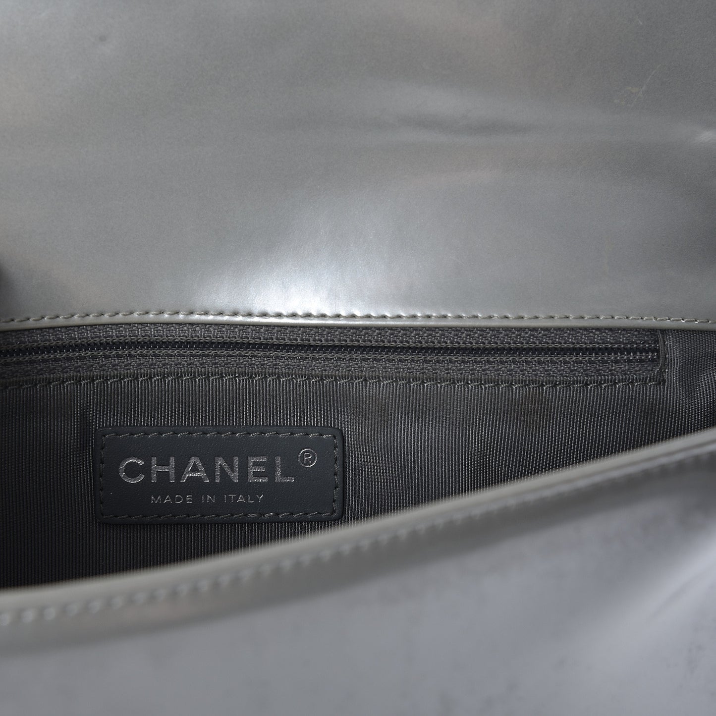 Iridescent Glazed Calfskin Medium Boy Flap Silver