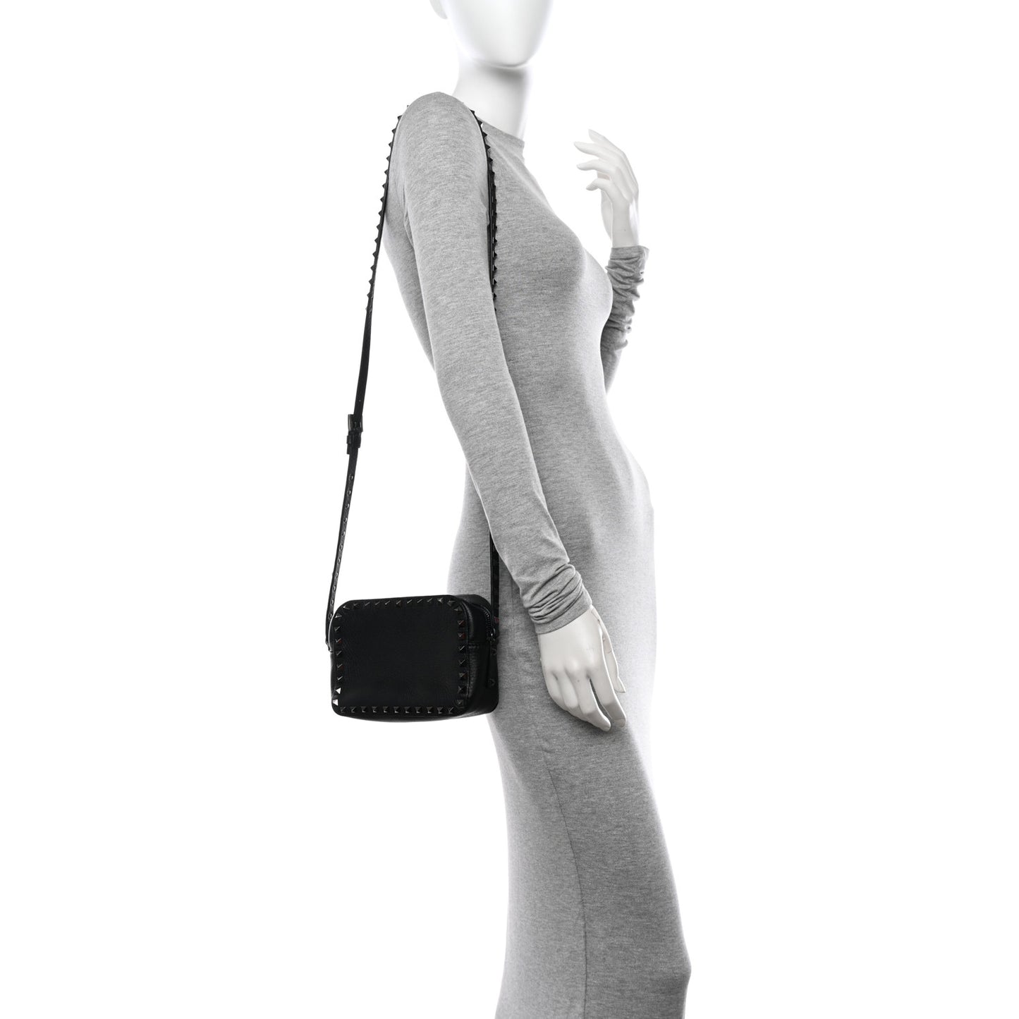 Grained Calfskin Rockstud Camera Crossbody Bag Black