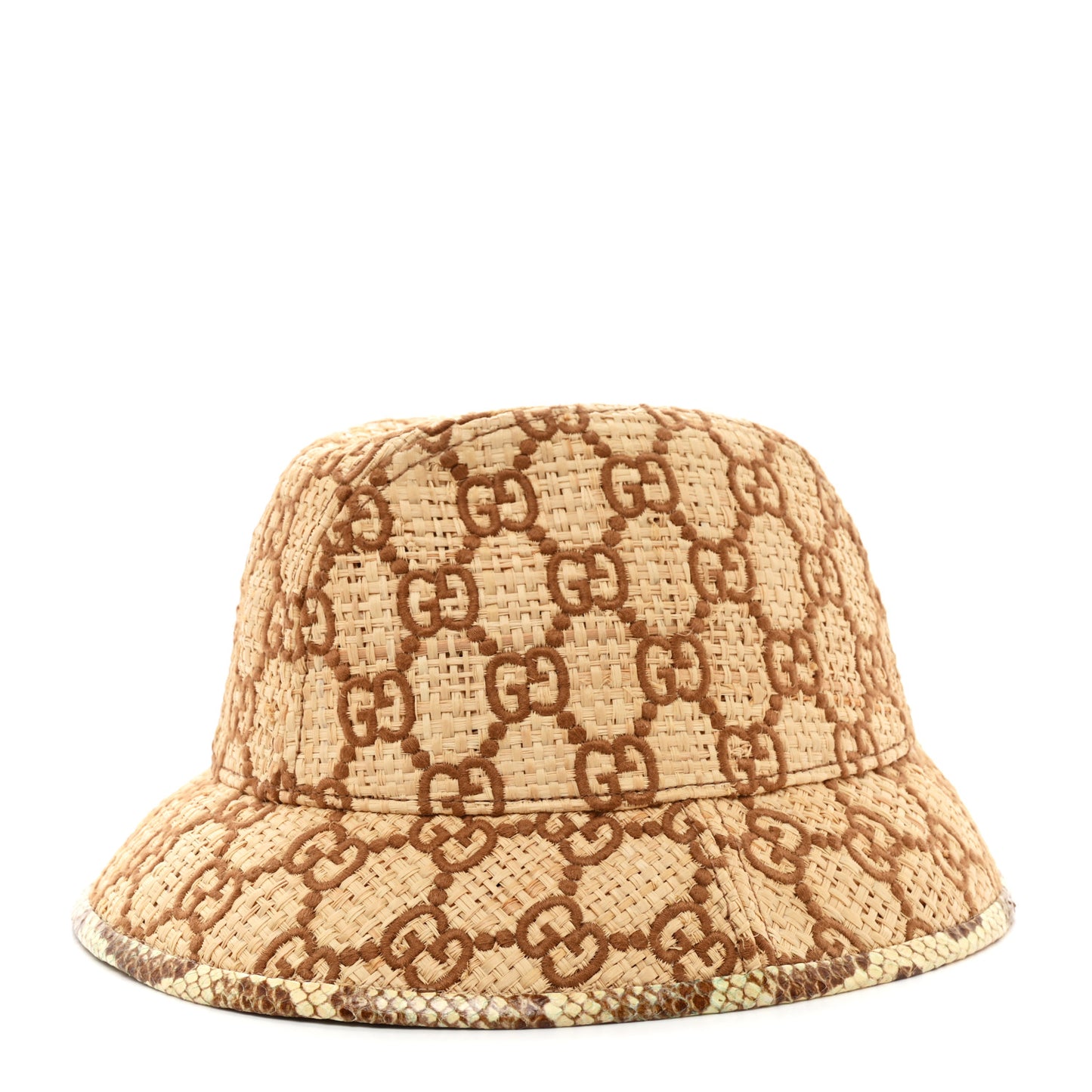 Raffia Elaphe GG Monogram Embroidered Basmaa Fedora Hat L Ivory Dark Brown