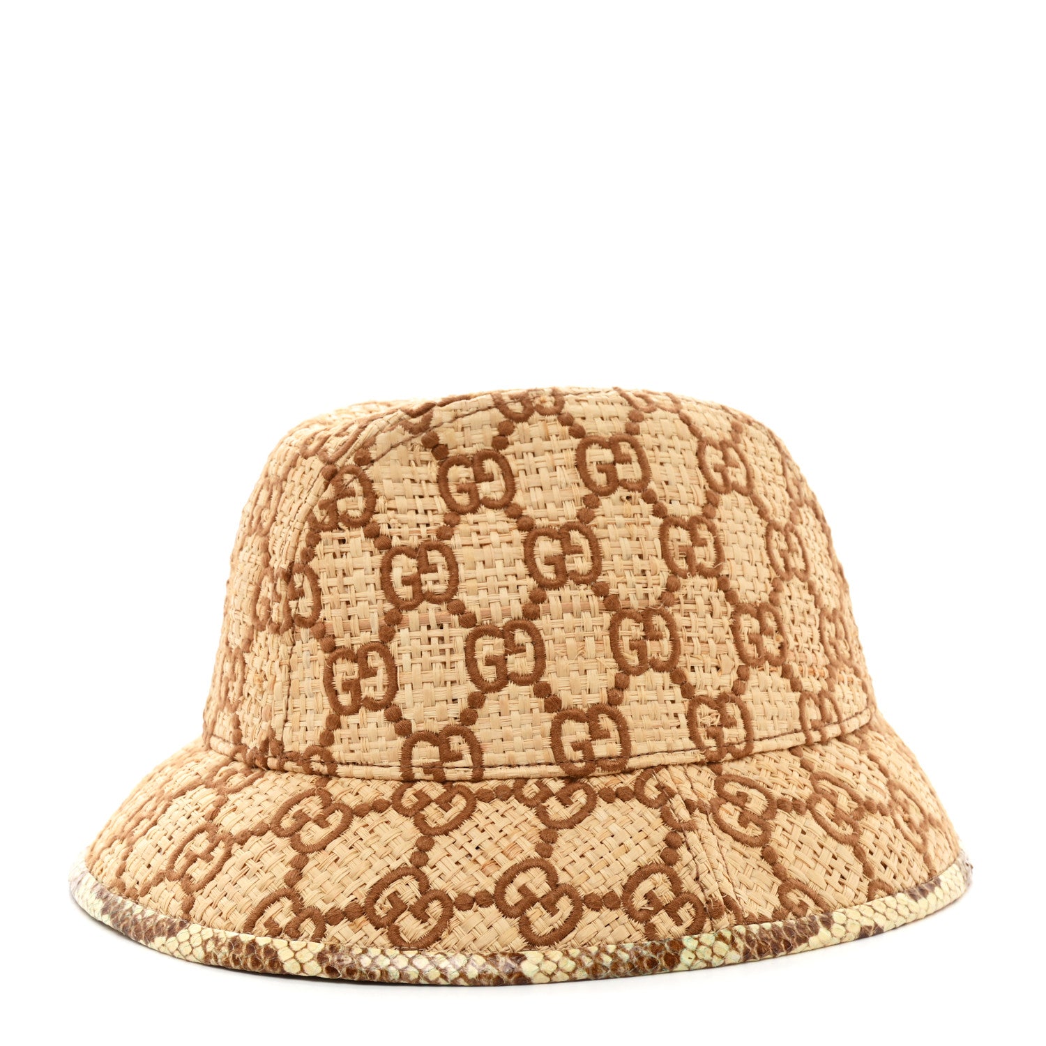Gucci Raffia Elaphe GG Monogram Embroidered Basmaa Fedora Hat L Ivory Dark Brown 1 of 9