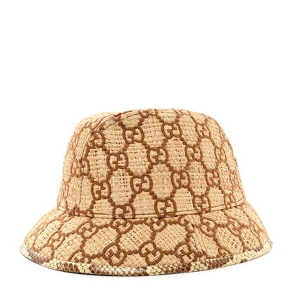 Gucci Raffia Elaphe GG Monogram Embroidered Basmaa Fedora Hat L Ivory Dark Brown 1 of 9