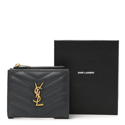 Saint Laurent Grain De Poudre Matelasse Chevron Monogram Zipped Card Case Dark Smog 8 of 8