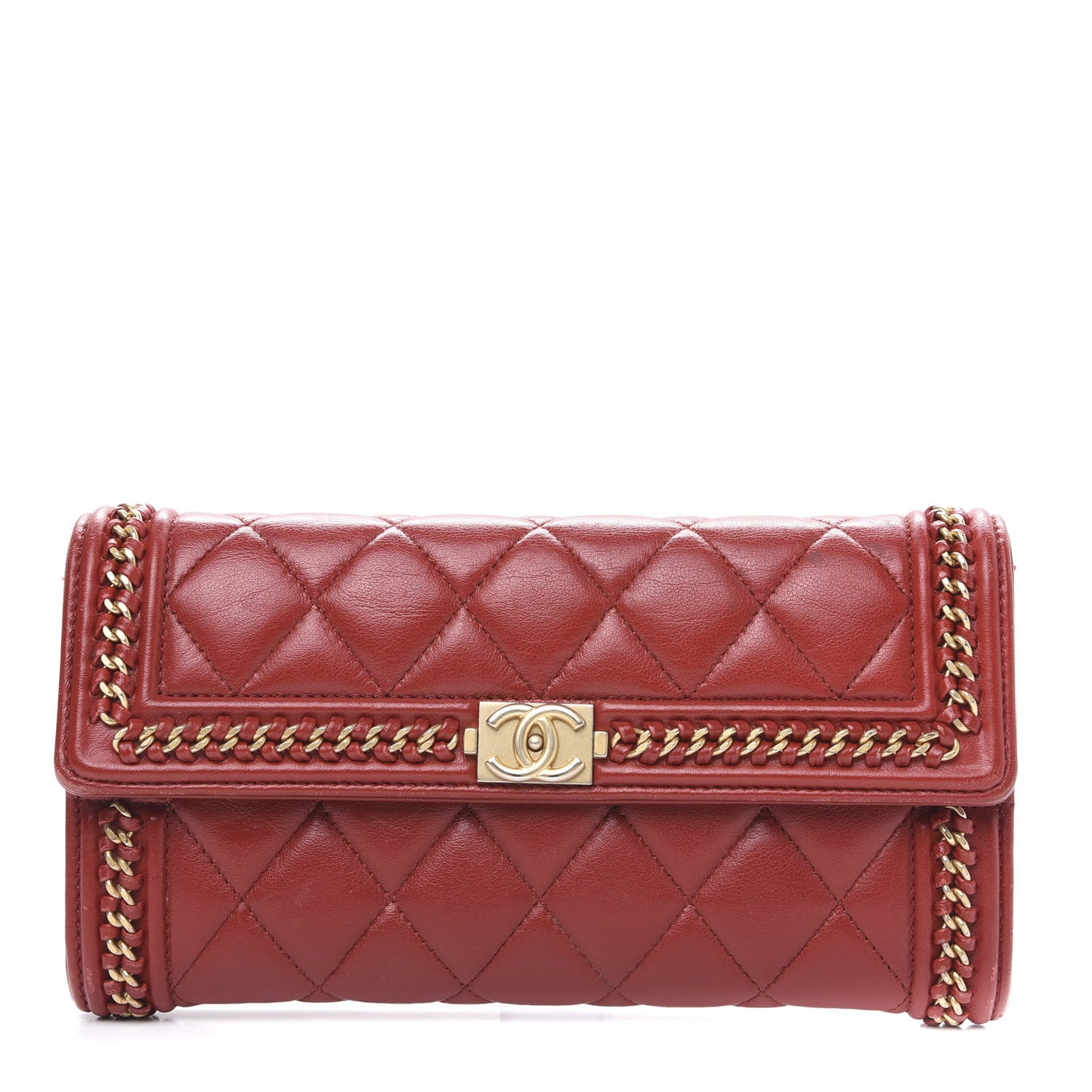 Calfskin Quilted Boy Chain Around Flap Wallet Red