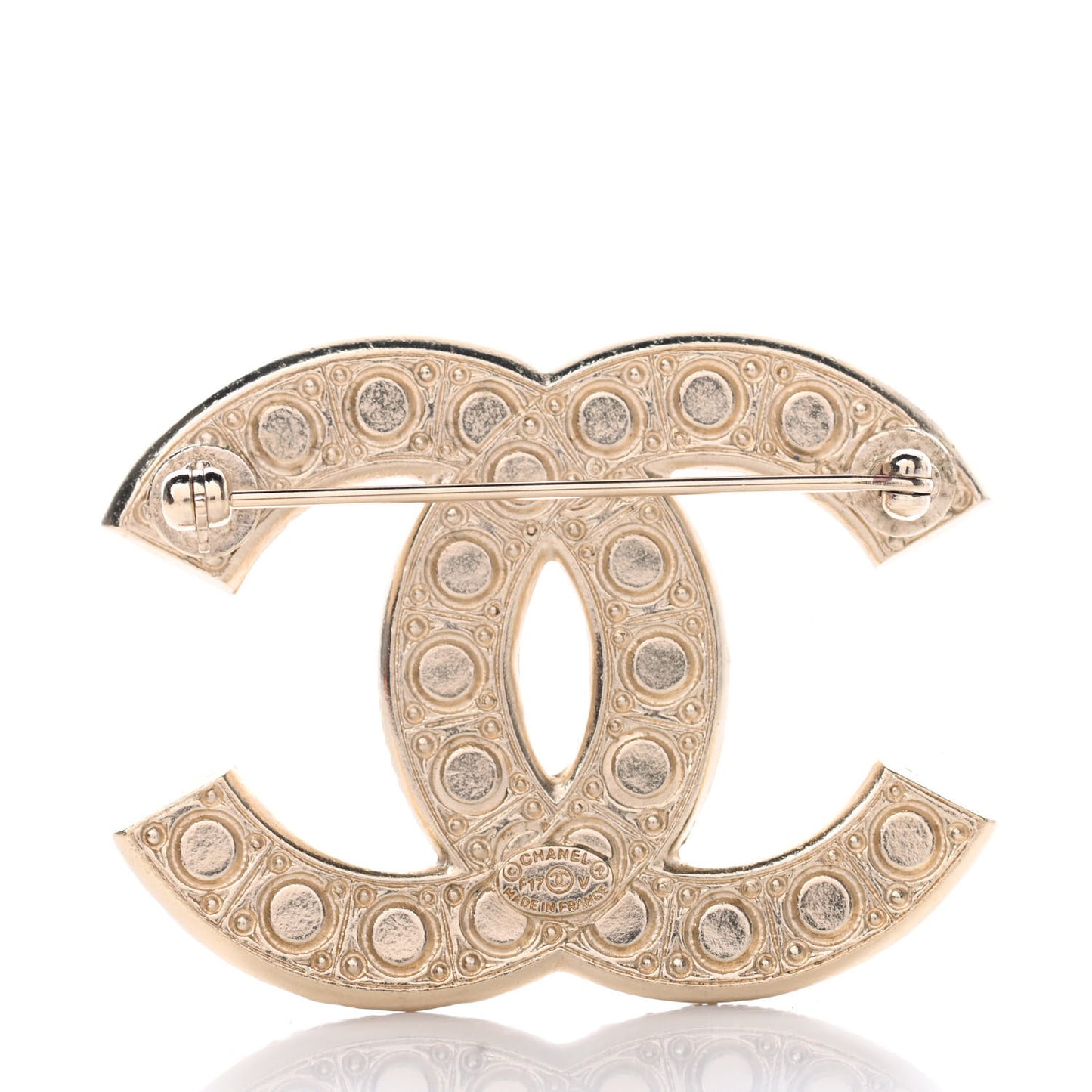 Metal Crystal Graduated Pearl CC Brooch Gold