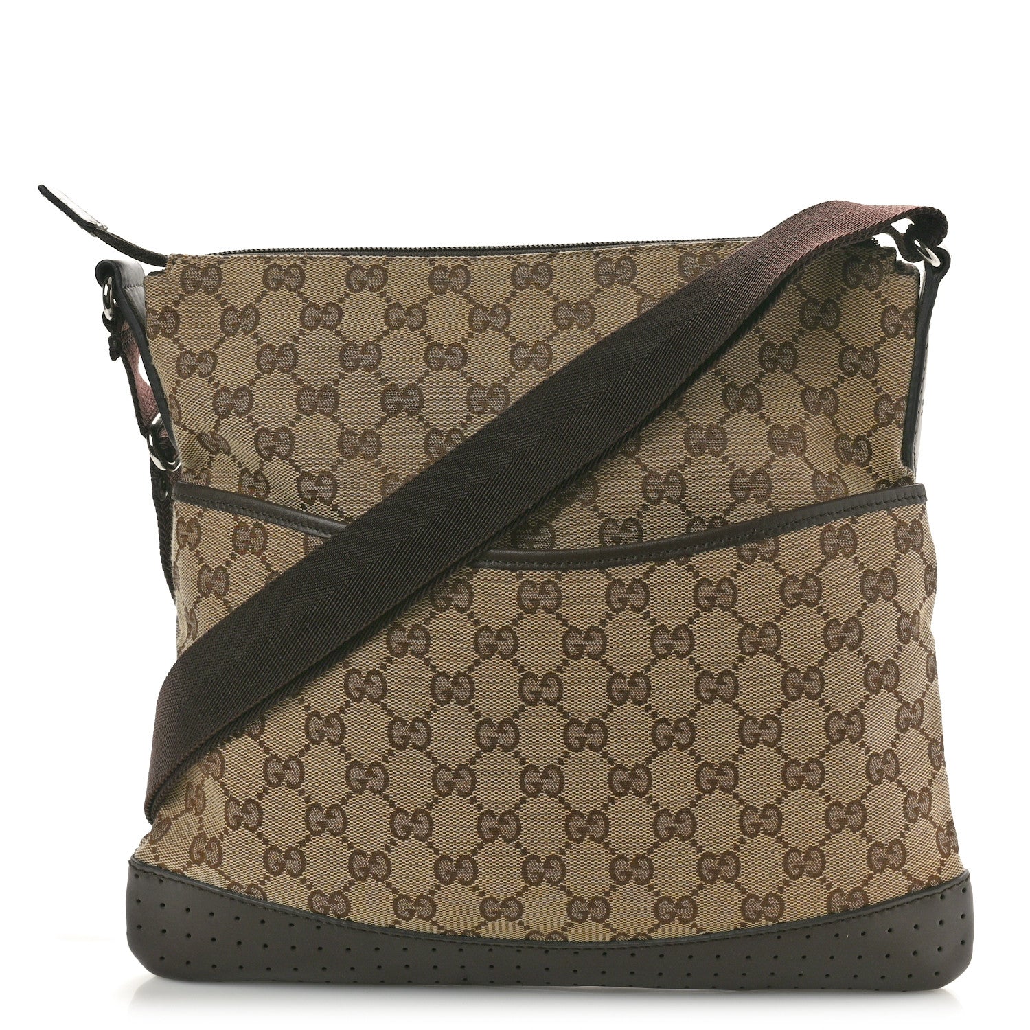 Gucci Monogram Calfskin Perforated Medium Flat Messenger Bag Dark Brown 1 of 12