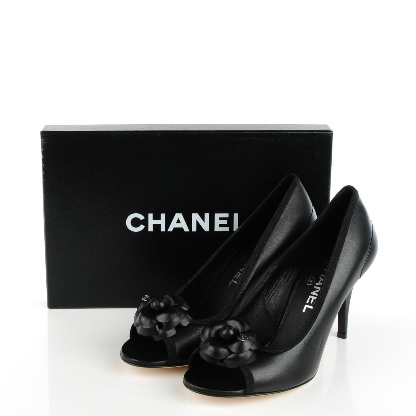 Lambskin Camellia Peep Toe Pumps 38 Black