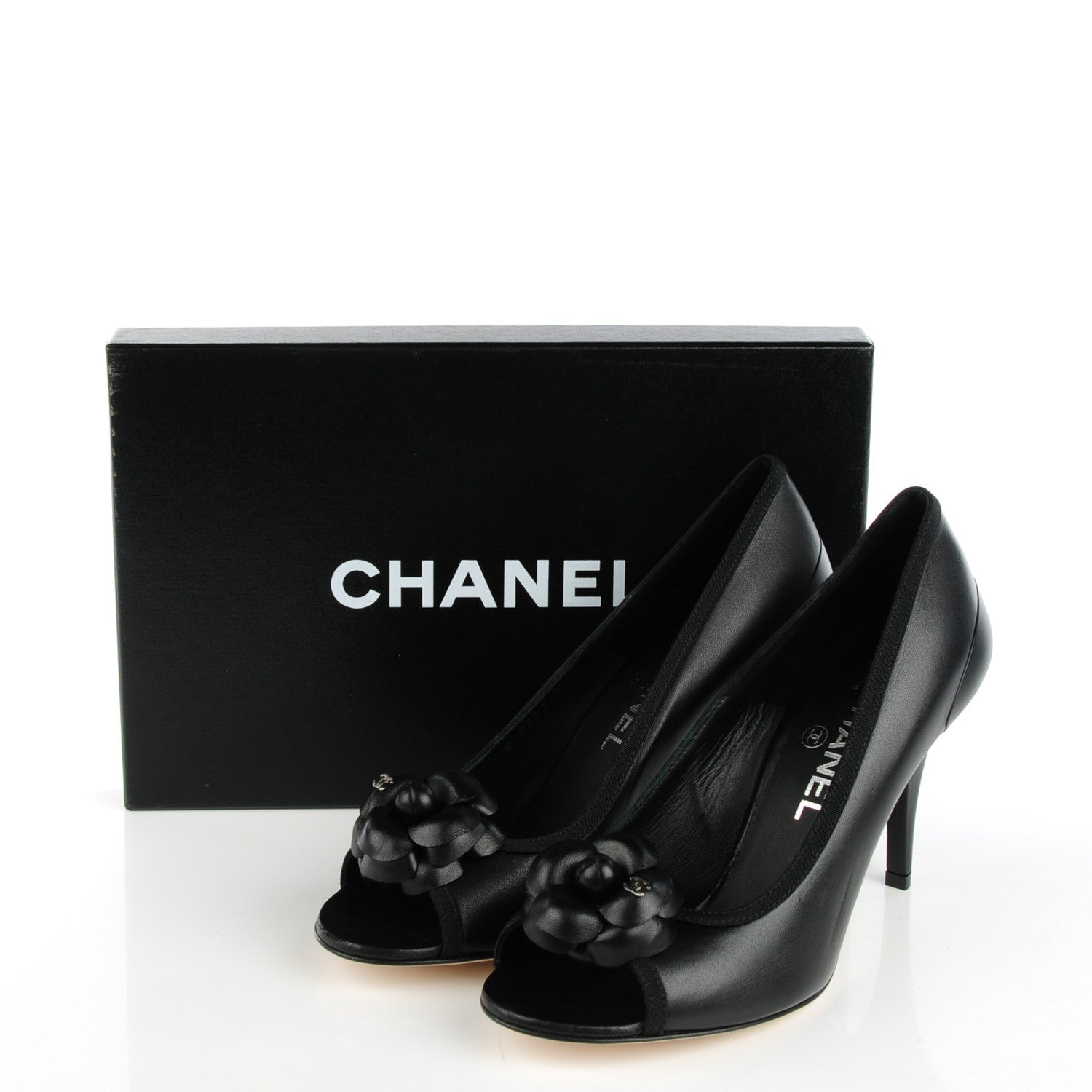 Chanel Lambskin Camellia Peep Toe Pumps 38 Black 9 of 9