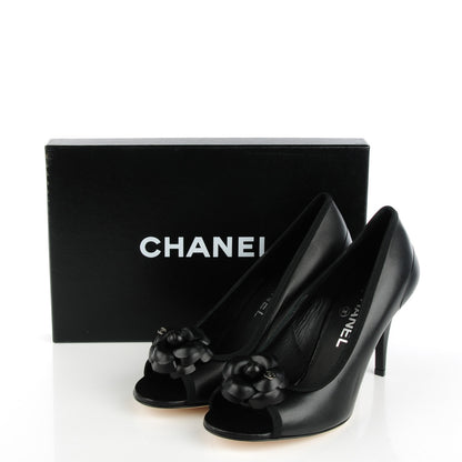Chanel Lambskin Camellia Peep Toe Pumps 38 Black 9 of 9