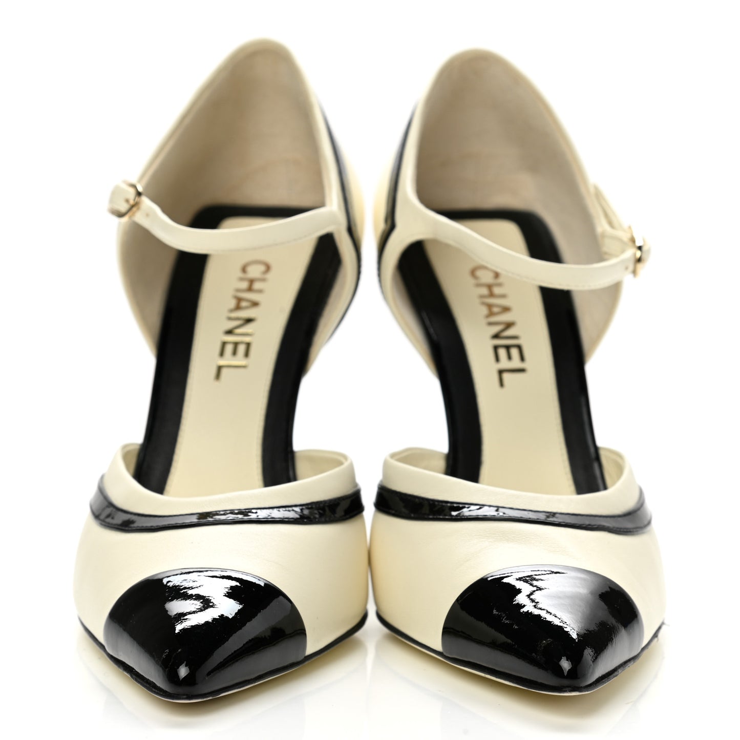 Patent Calfskin CC Ankle Strap Pumps 40 White Black