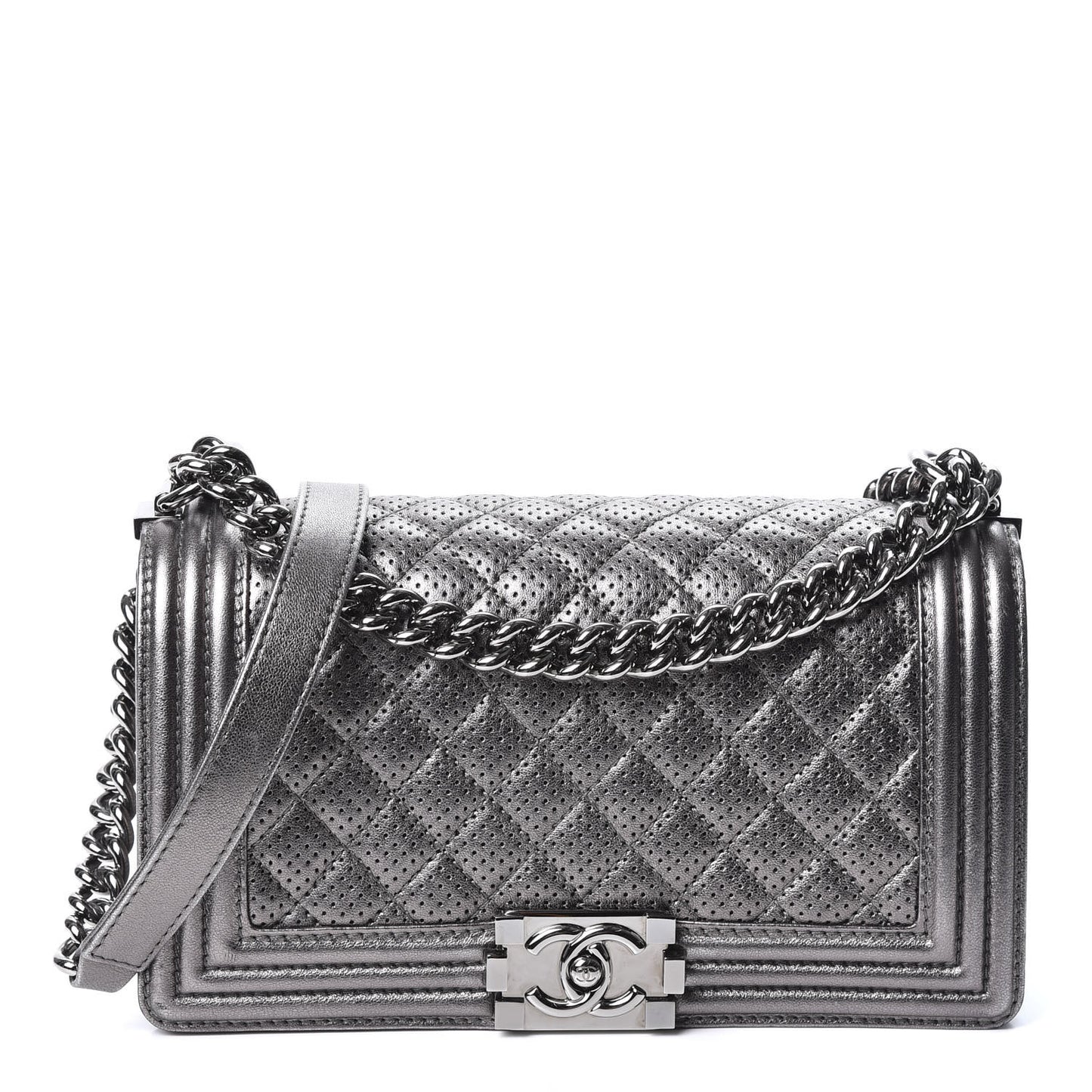Metallic Lambskin Perforated Medium Boy Flap Dark Silver