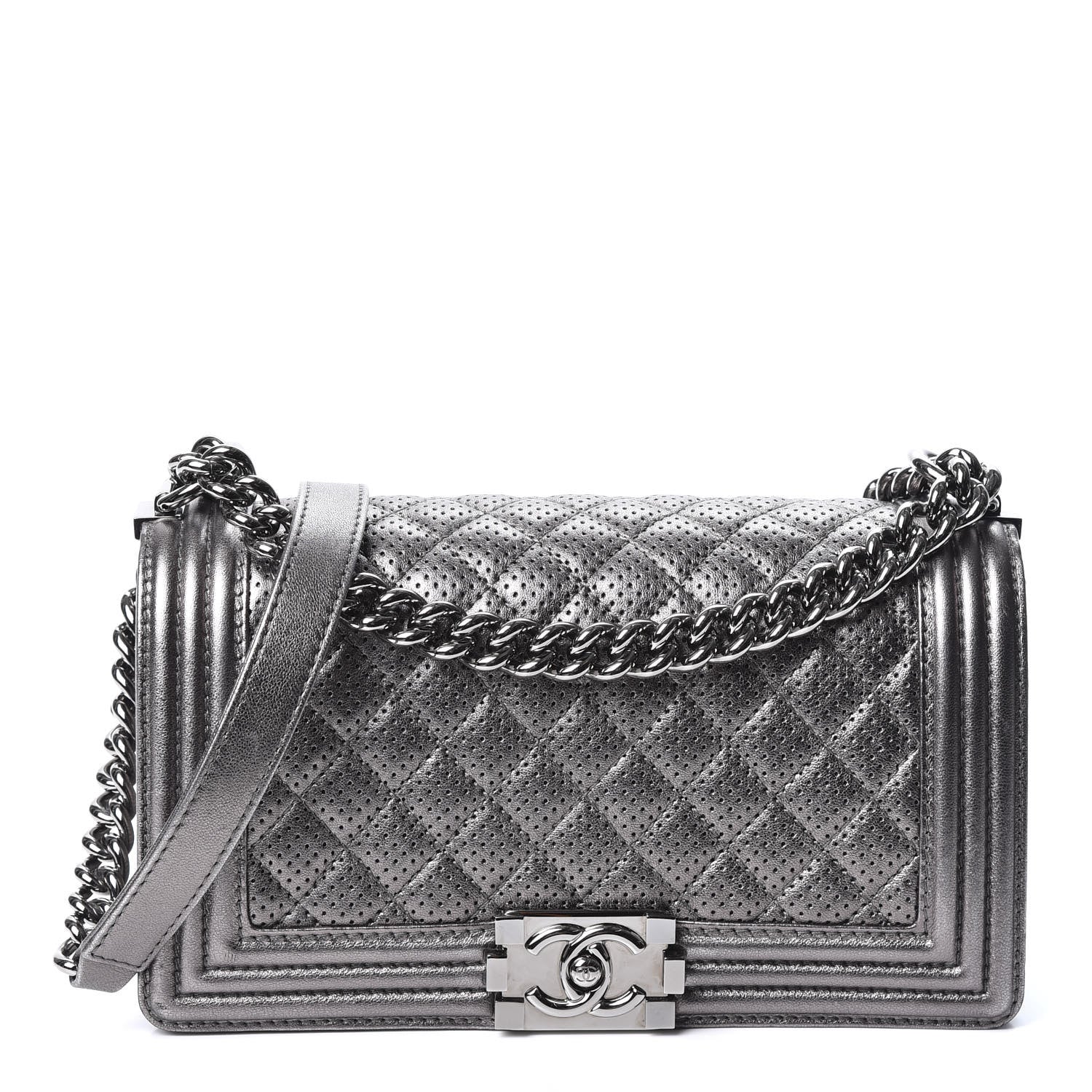 Chanel Metallic Lambskin Perforated Medium Boy Flap Dark Silver 1 of 9