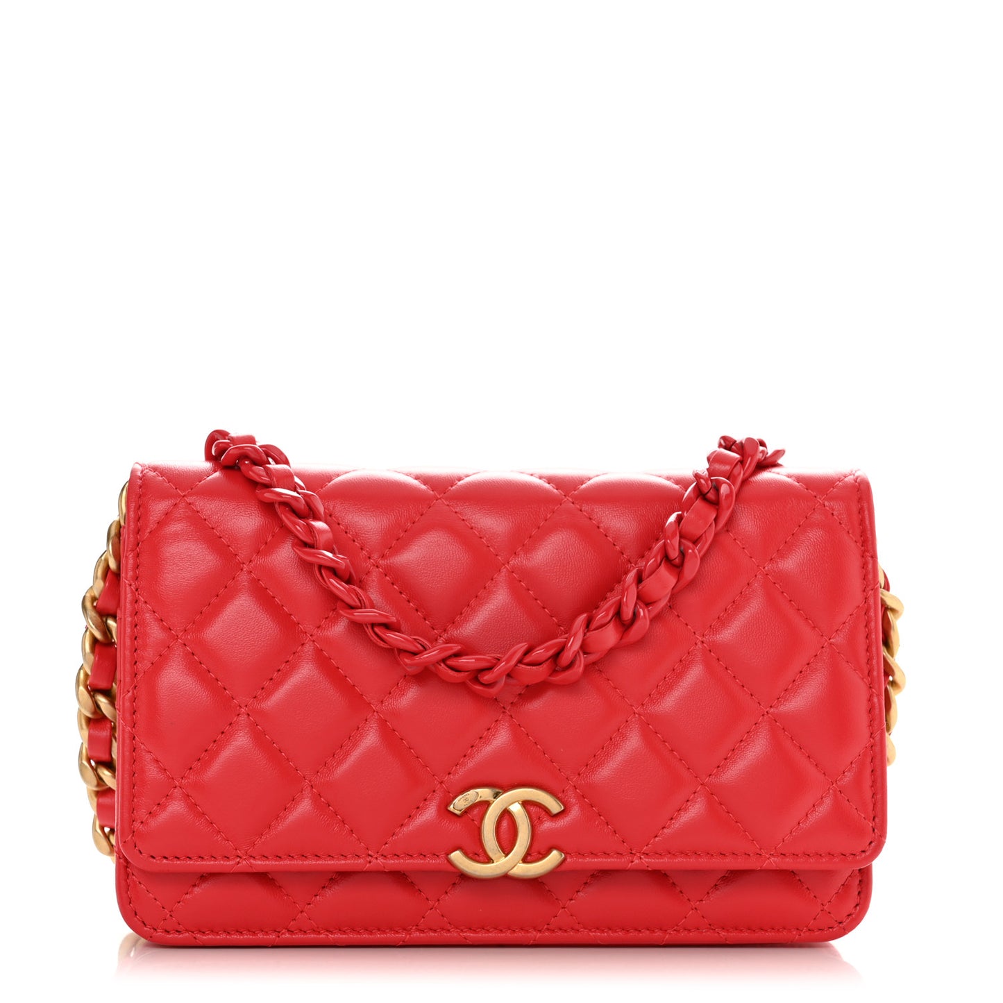 Lambskin Resin Quilted Wallet On Chain WOC Red