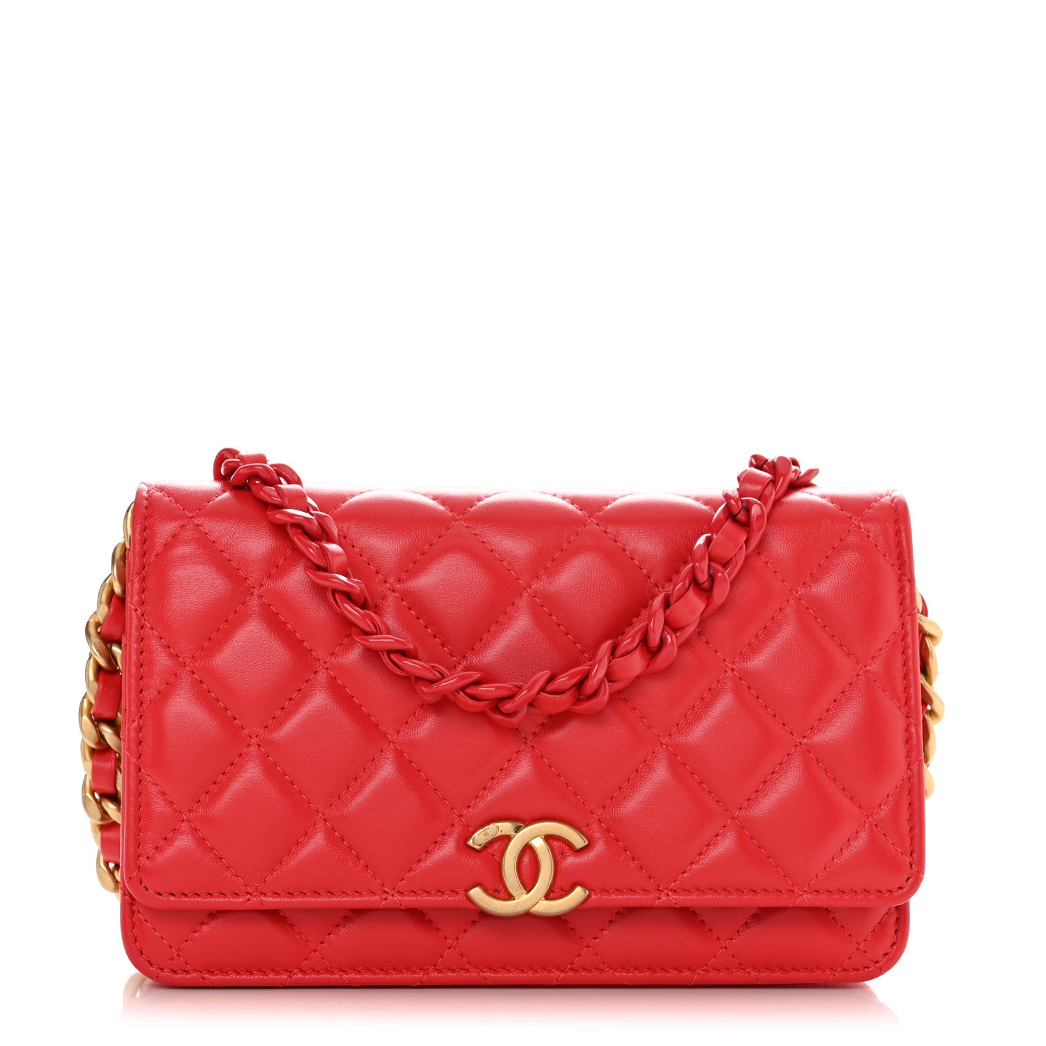 Chanel Lambskin Resin Quilted Wallet On Chain WOC Red 1 of 12
