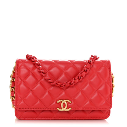 Chanel Lambskin Resin Quilted Wallet On Chain WOC Red 1 of 12