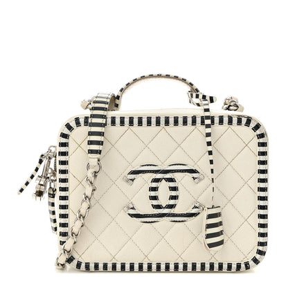 Chanel Caviar Quilted Striped Medium CC Filigree Vanity Case White Black 1 of 18