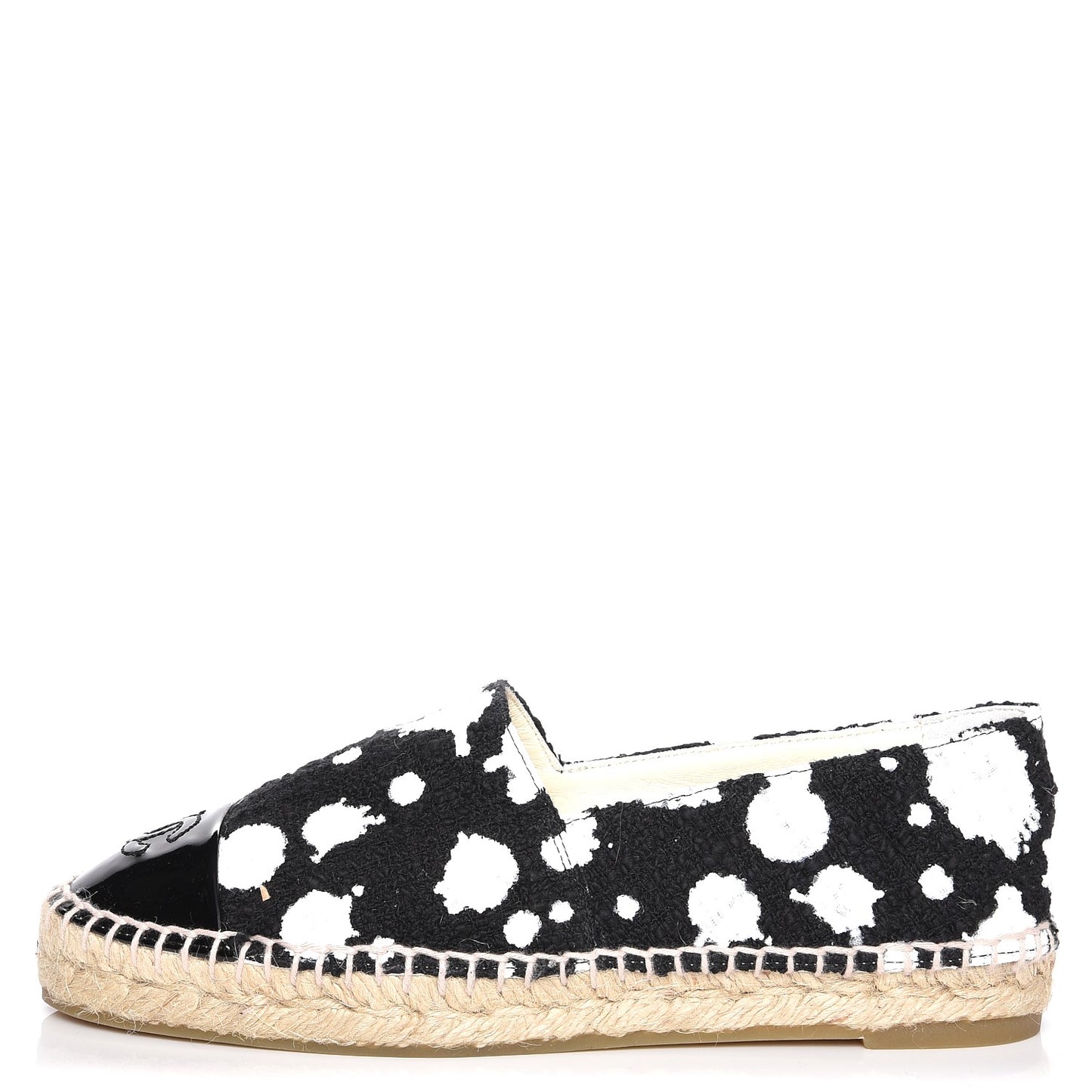 Printed Tweed Patent Calfskin CC Espadrilles 36 Black White