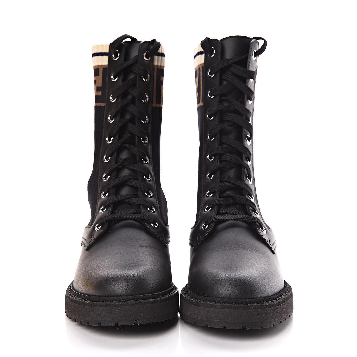 Fendi Calfskin Stretch Fabric Rockoko Biker Boots 36 Tobacco Black Marino 2 of 8