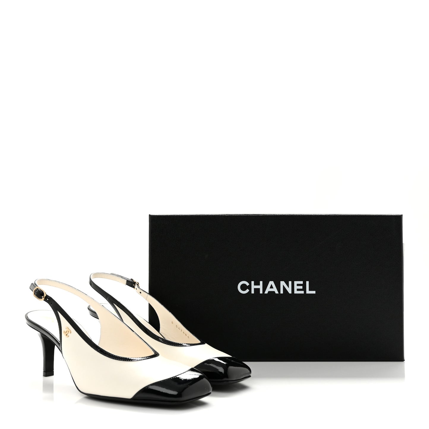 Lambskin Patent Calfskin Cap Toe CC Slingback Pumps 38.5 White Black