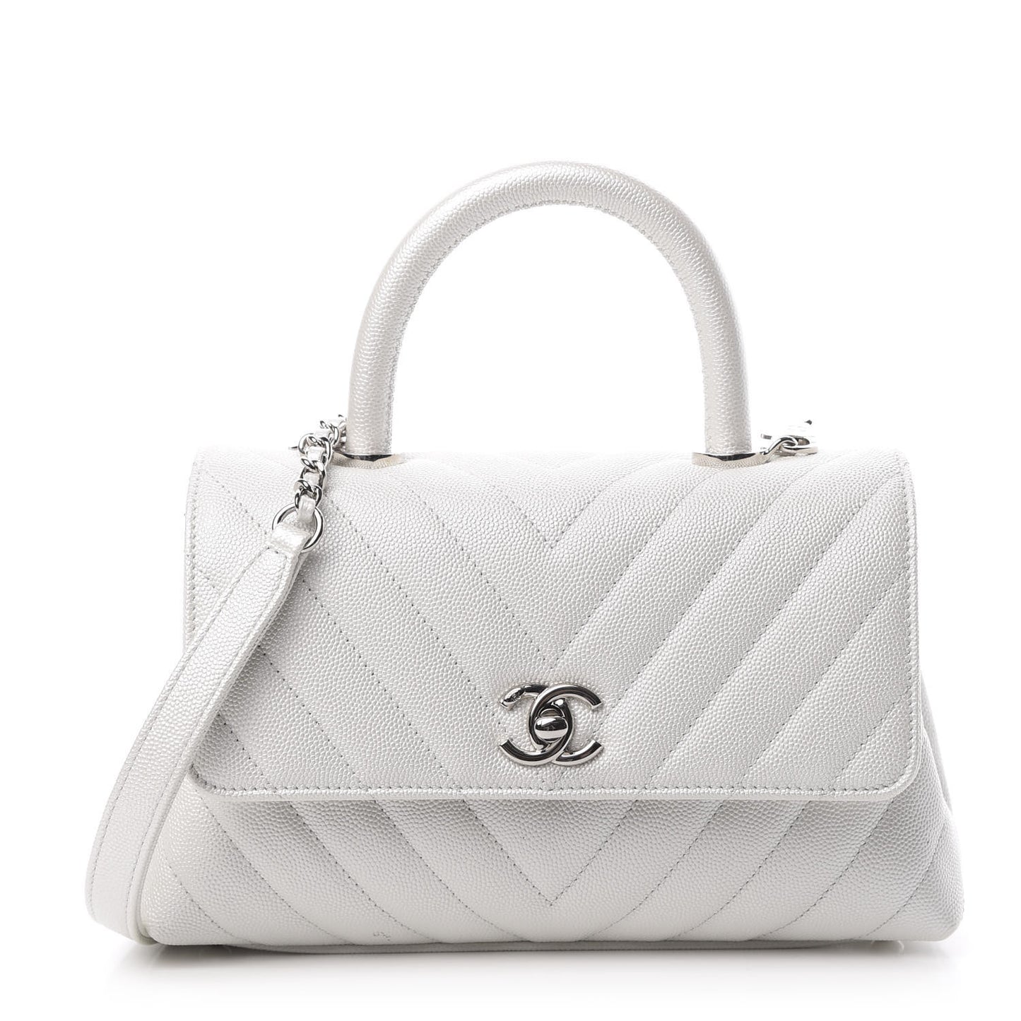 Iridescent Caviar Chevron Quilted Mini Coco Handle Flap White