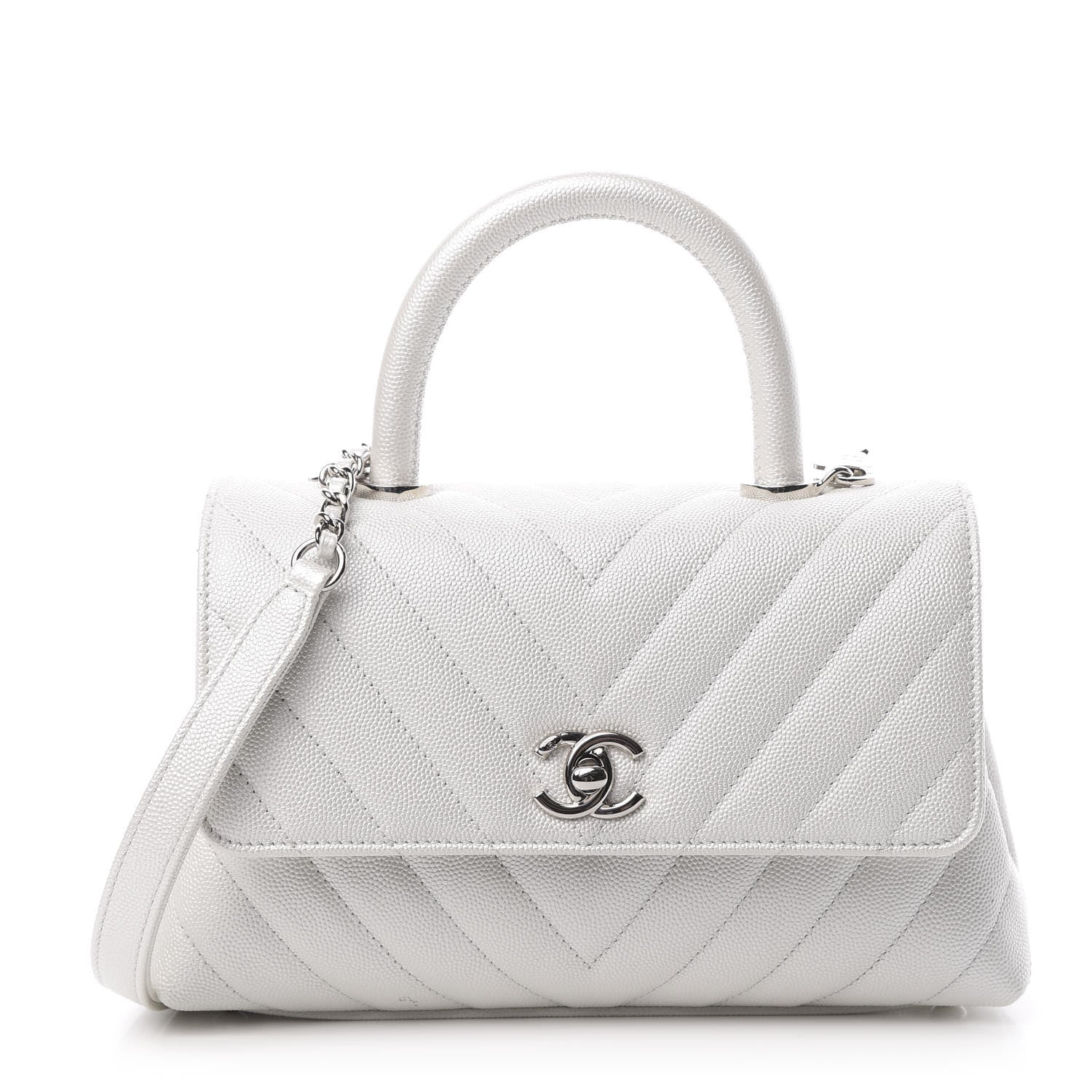 Chanel Iridescent Caviar Chevron Quilted Mini Coco Handle Flap White 1 of 14