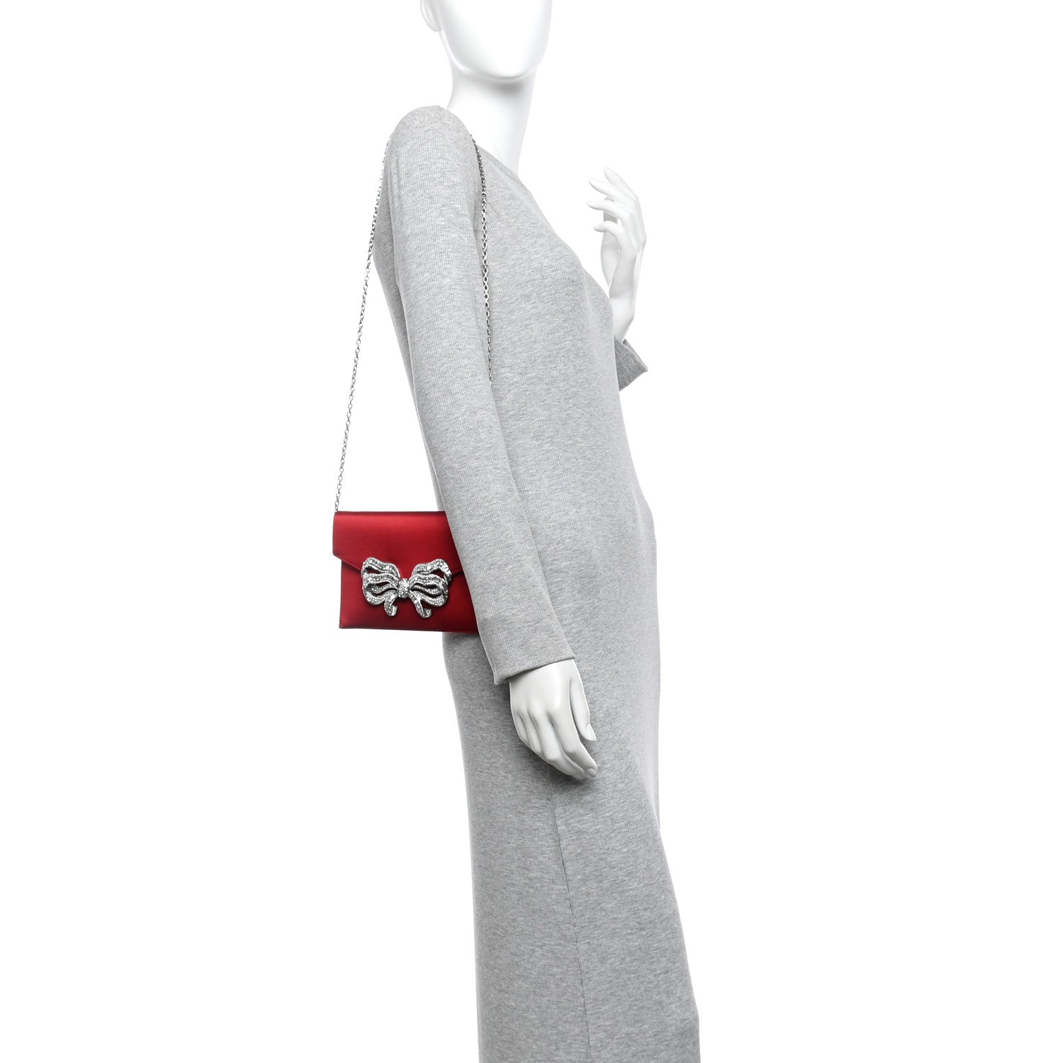Judith Leiber Crystal Satin Bow Clutch Crimson Silver 2 of 9