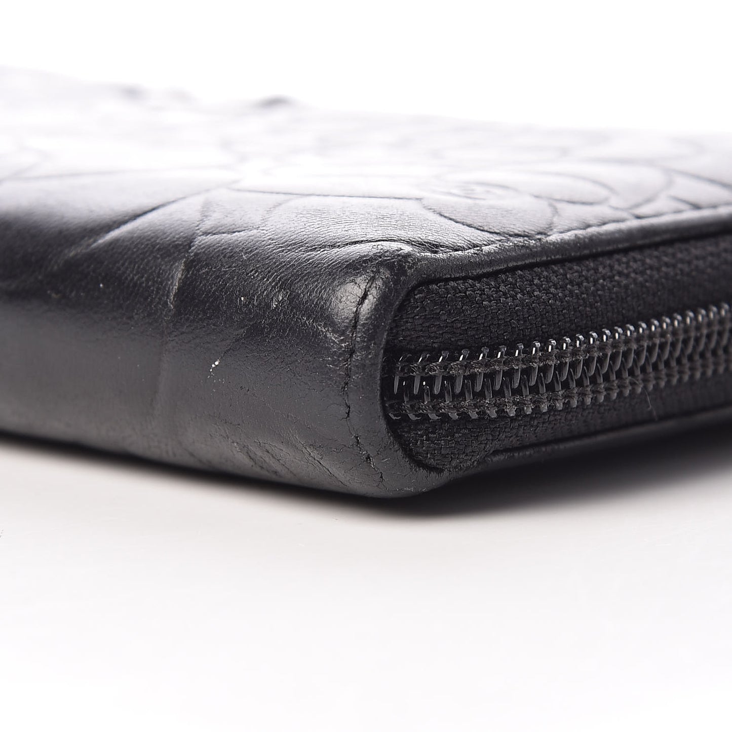 Lambskin Camellia Embossed Large Zip Around Gusset Wallet Black