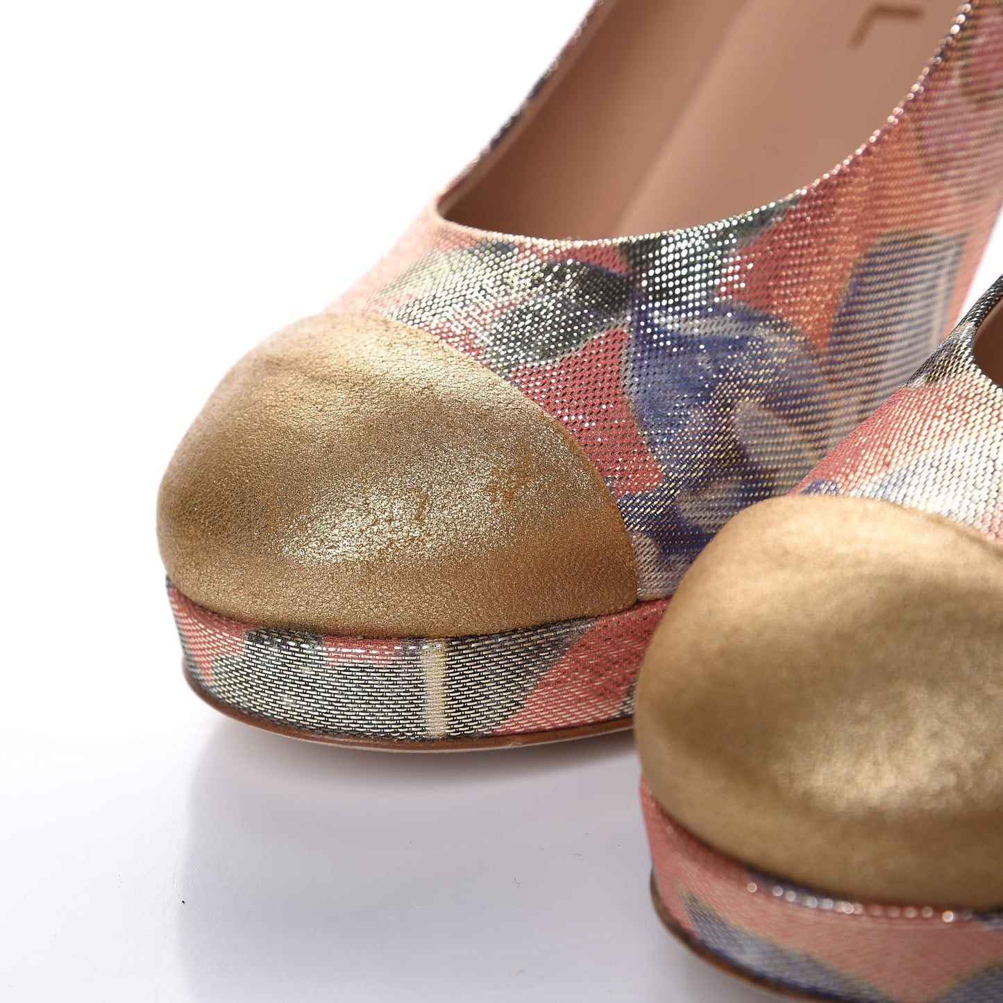 Crepe Calfskin Floral Printed Metallic Calfskin Pumps 35.5 Corail Gold