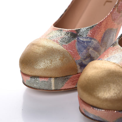 Chanel Crepe Calfskin Floral Printed Metallic Calfskin Pumps 35.5 Corail Gold 7 of 9