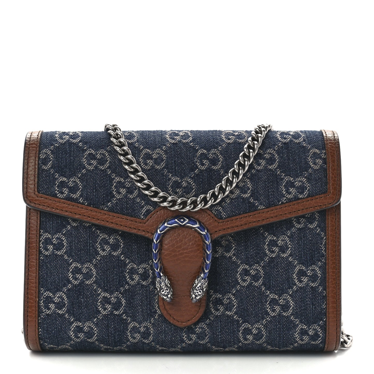 New Denim GG Monogram Dollar Calfskin Enamel Mini Dionysus Chain Wallet Blue Tea Cuir Epilog Electric Blue