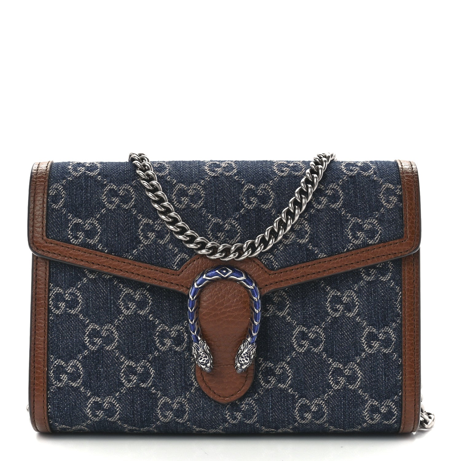 Gucci New Denim GG Monogram Dollar Calfskin Enamel Mini Dionysus Chain Wallet Blue Tea Cuir Epilog Electric Blue 1 of 13