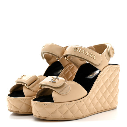 Chanel Shiny Calfskin Quilted Wedge Sandals 37 Beige 3 of 12