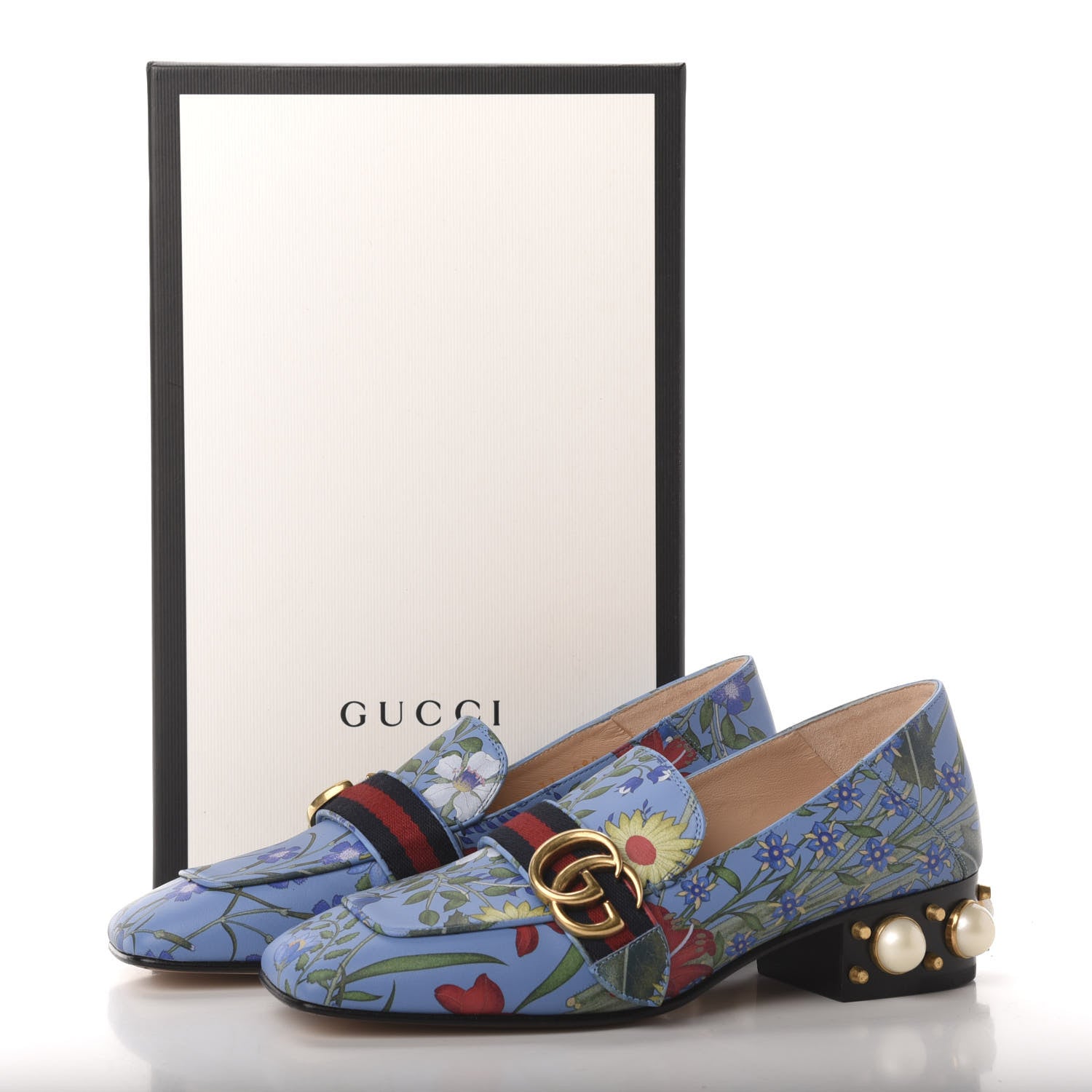 Gucci Apollo Calfskin Web Pearl New Flora Peyton 35mm Loafer Pumps 37 Azure 9 of 9