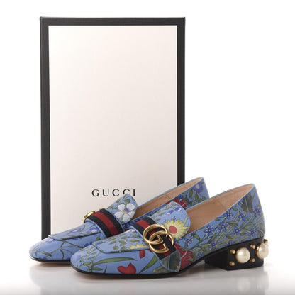 Gucci Apollo Calfskin Web Pearl New Flora Peyton 35mm Loafer Pumps 37 Azure 9 of 9