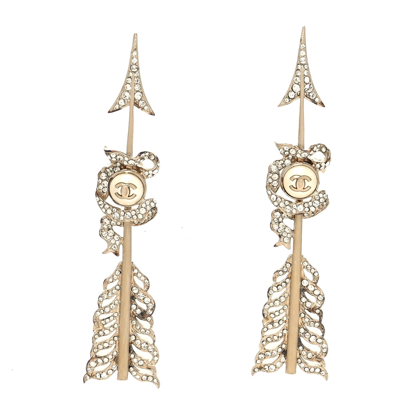 Crystal Pearl CC Arrow Clip On Earrings Gold