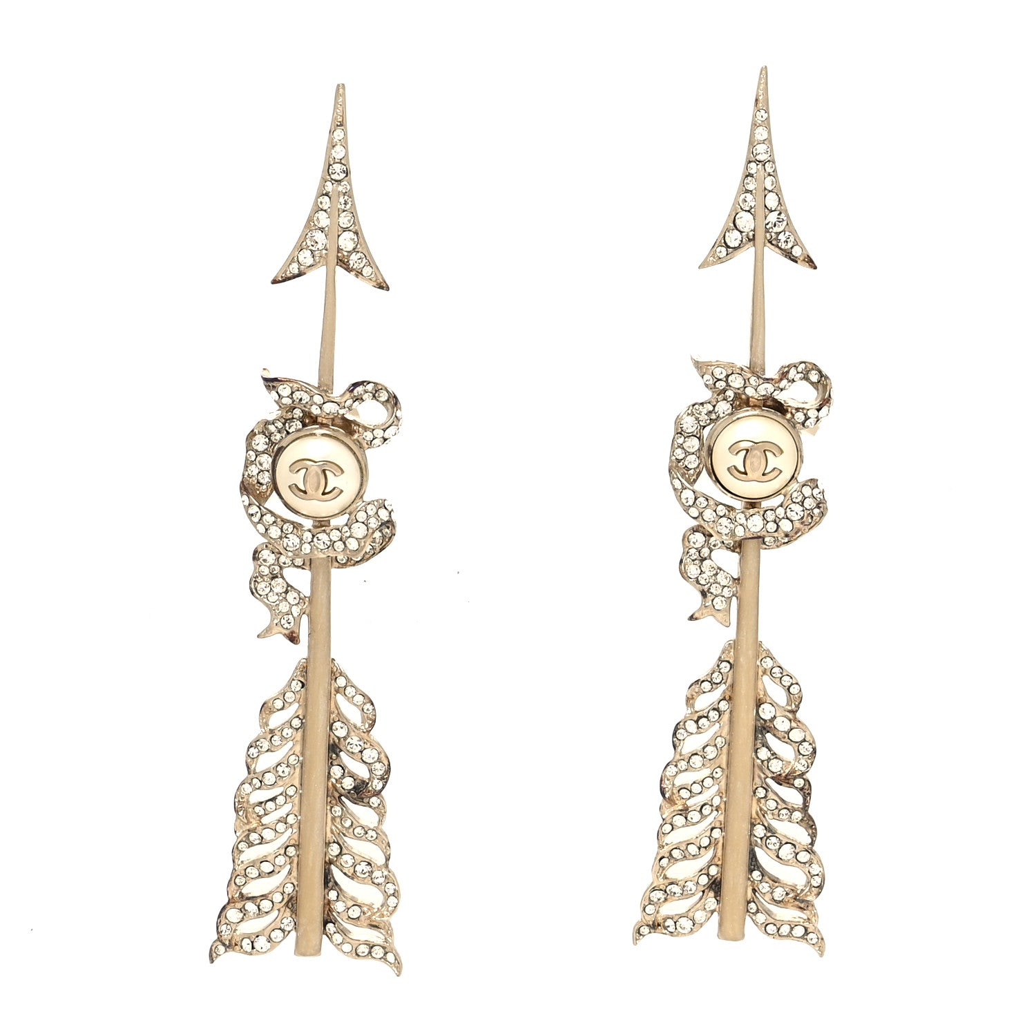 Chanel Crystal Pearl CC Arrow Clip On Earrings Gold 1 of 5