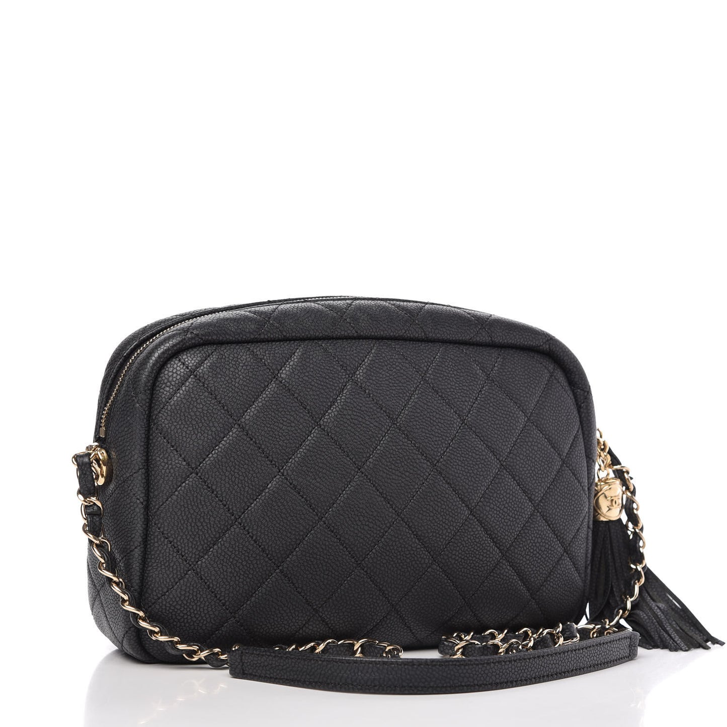 Iridescent Caviar Quilted Small Coco Tassel Camera Case Black
