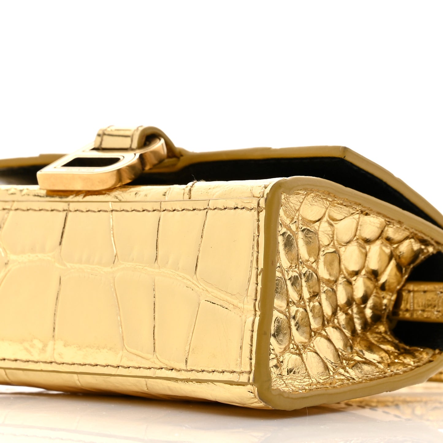Metallic Calfskin Crocodile Embossed Hourglass Top Handle Bag Mini Gold