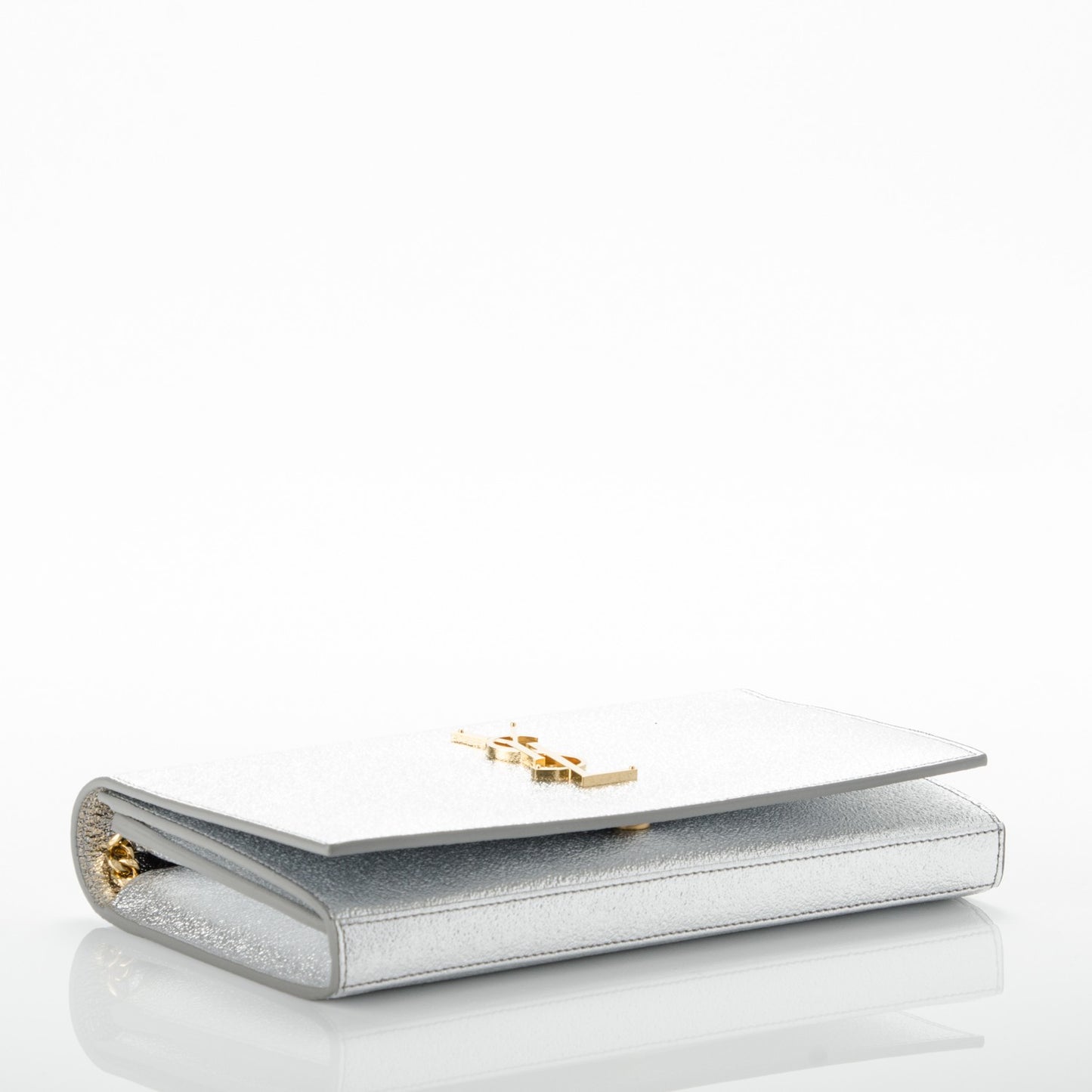 Grained Metallic Calfskin Monogram Chain Wallet Argento
