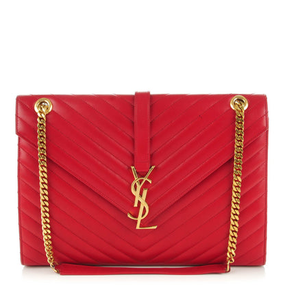 Saint Laurent Lambskin Matelasse Chevron Large Monogram Satchel Red 1 of 12